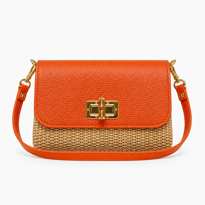 Leather Bamboo Clasp & Raffia Crossbody Bag