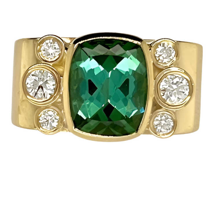 Green Tourmaline and Diamonds Square Ring