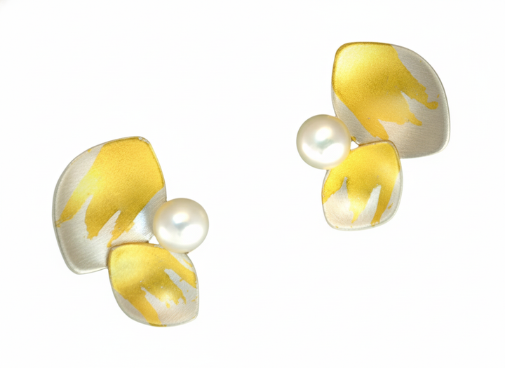 Two Leaf w/ Pearl Stud Earrings