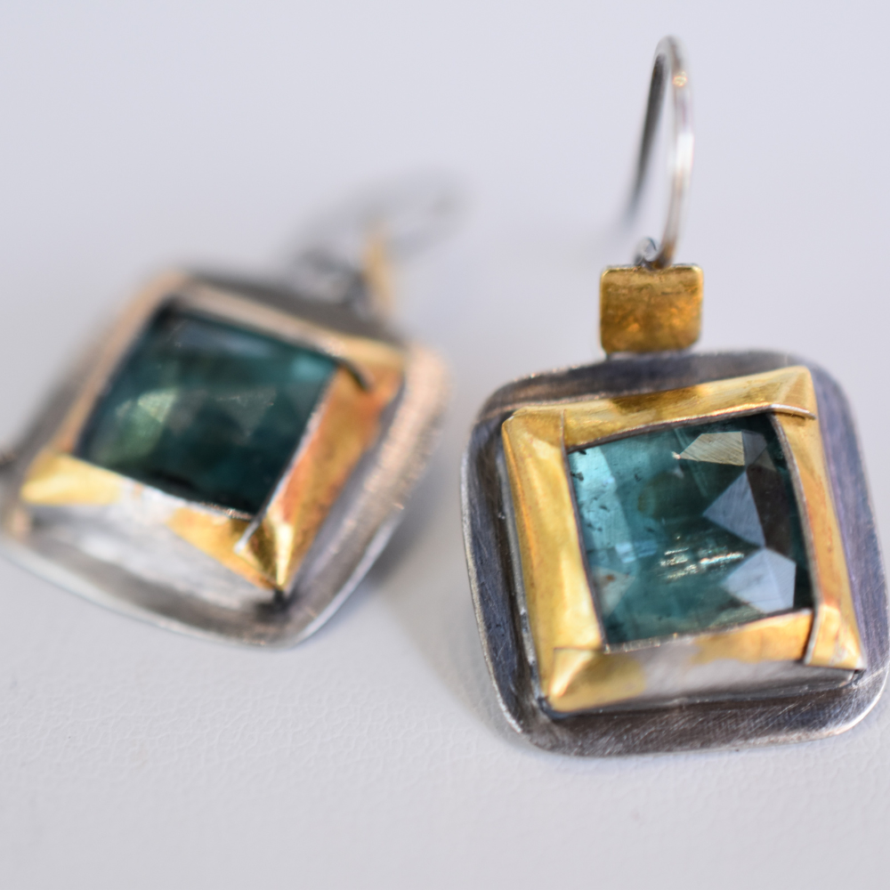 Square Folds Earrings ~ Green Kyanite