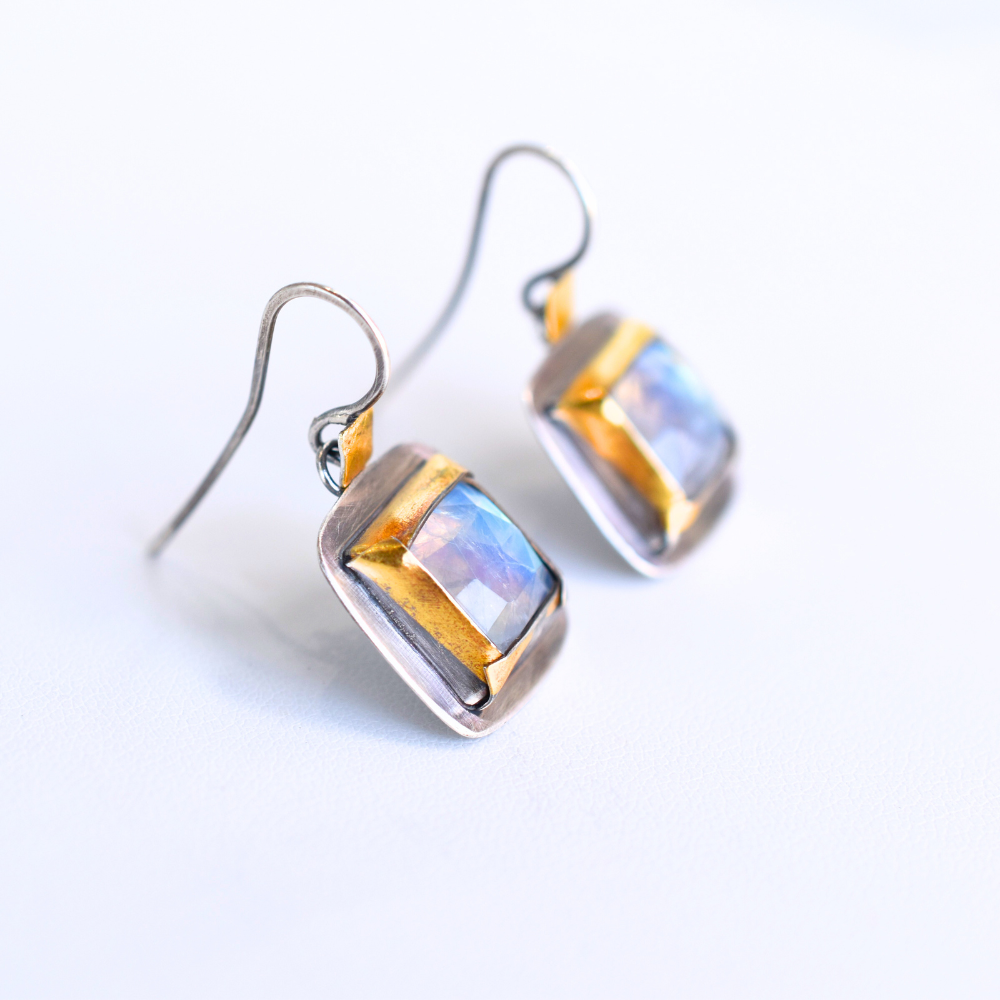Square Folds Earrings ~ Rainbow Moonstone