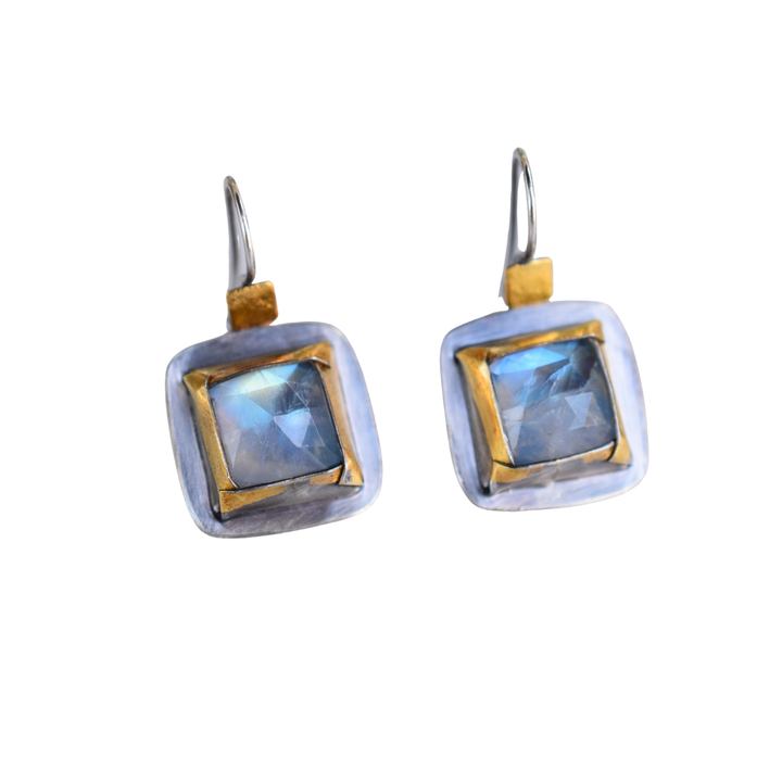 Square Folds Earrings ~ Rainbow Moonstone