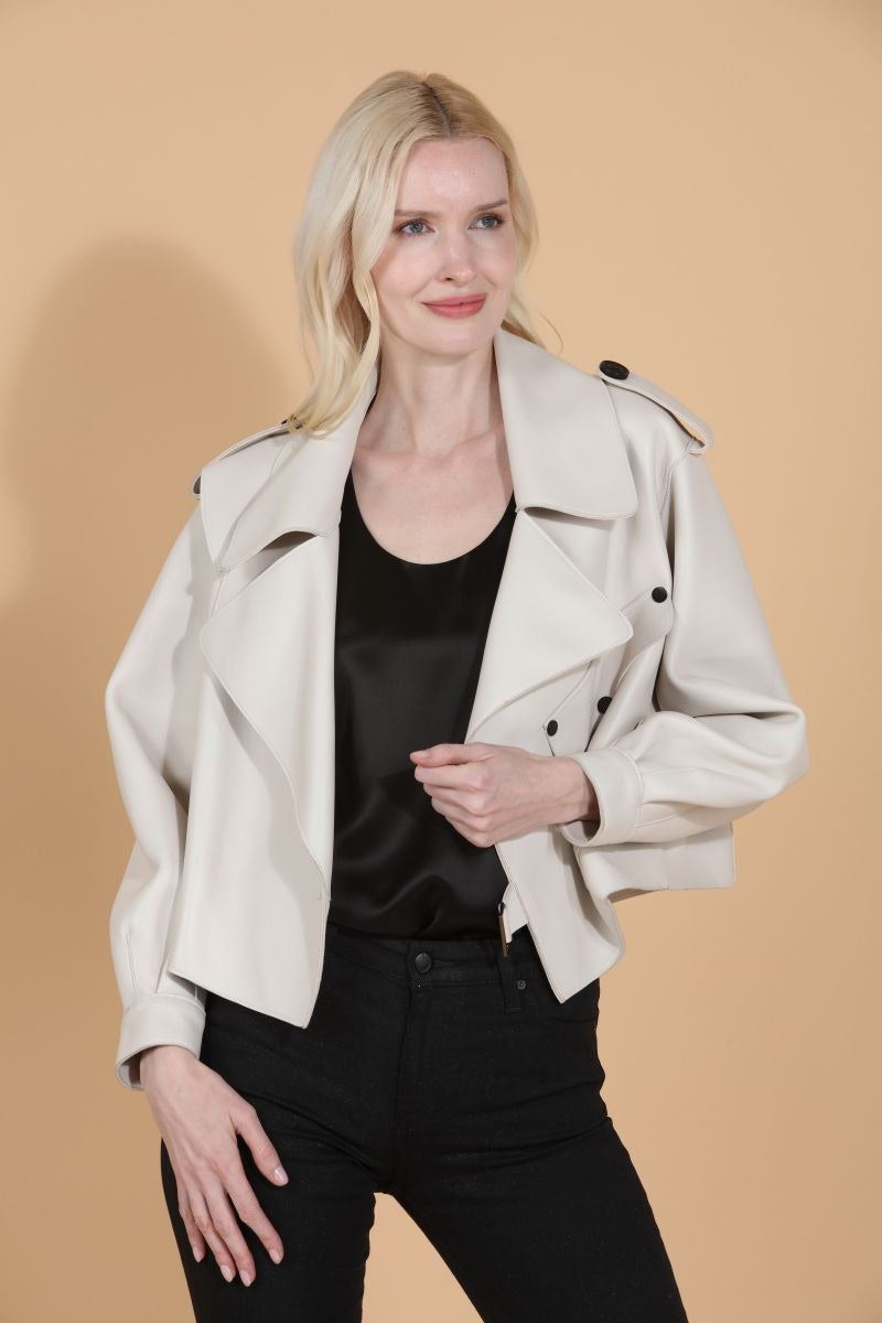 Leather Oversized Moto Jacket - Cream