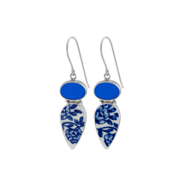 Blue Sea Glass and Pottery Earrings