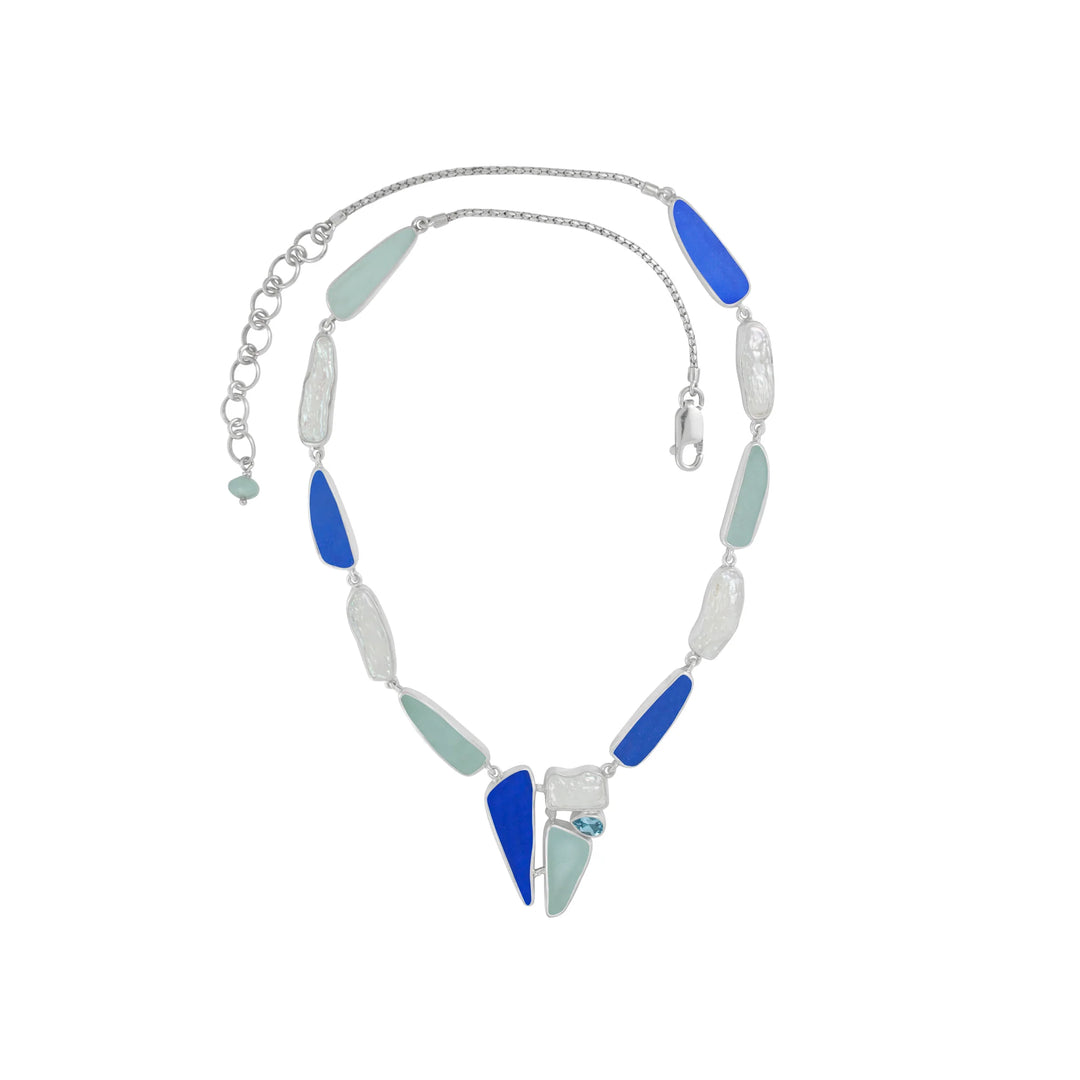 Aqua and Blue Sea Glass & Biwa Pearl Links Necklace