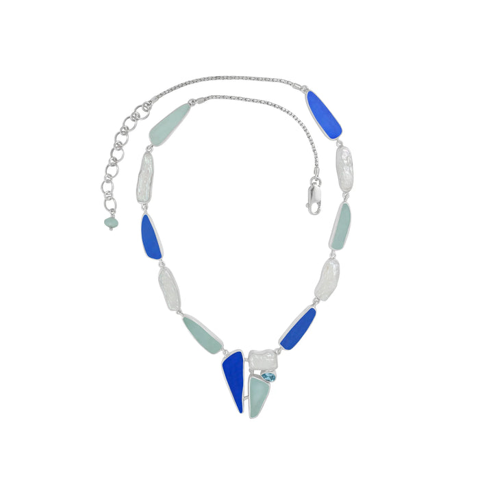Aqua and Blue Sea Glass & Biwa Pearl Links Necklace