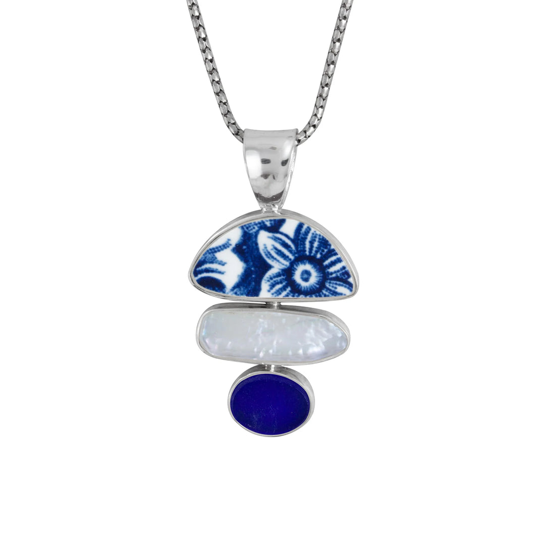 Blue Sea Glass, Pottery, and Biwa Pearl Pendant