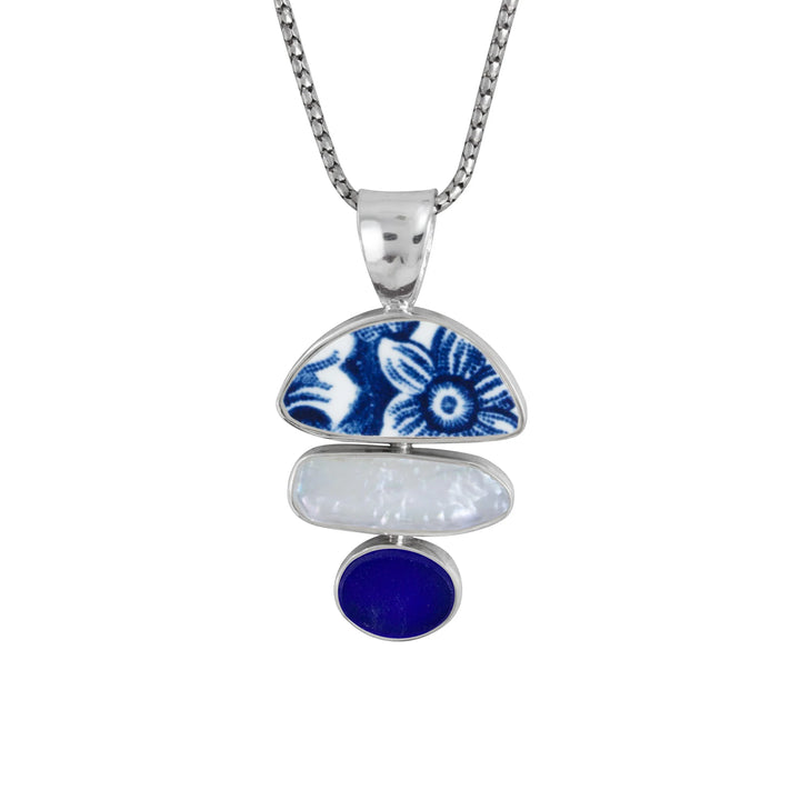Blue Sea Glass, Pottery, and Biwa Pearl Pendant