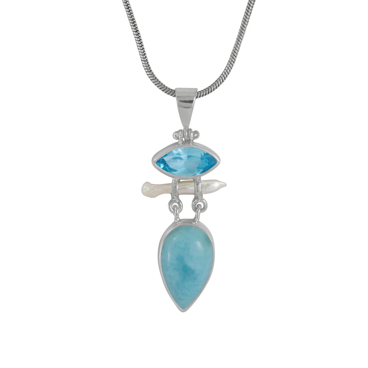 London Blue Topaz, Larimar & Pearl Pendant
