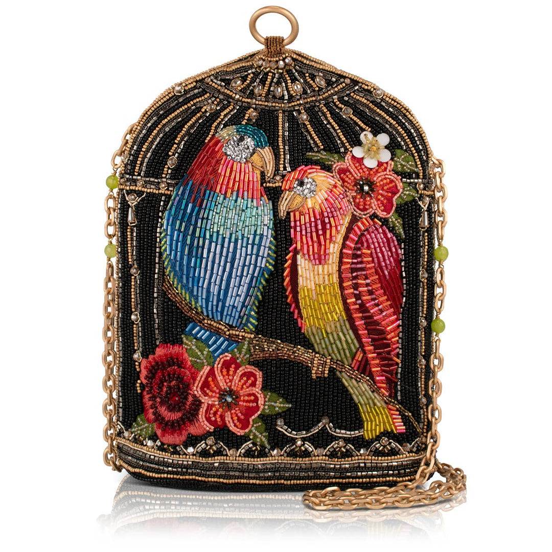 Beak to Beak beaded parrots in birdcage