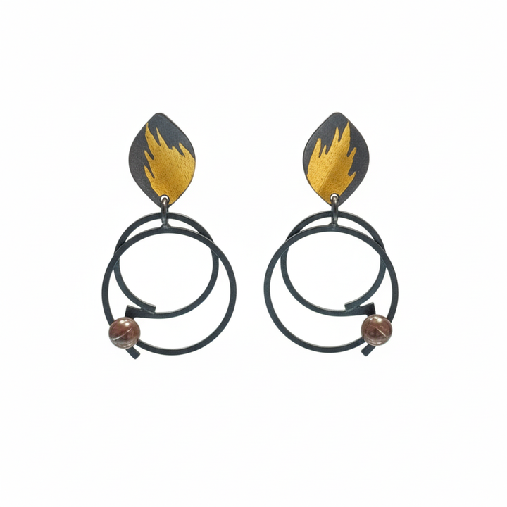 Stud Leaf Circles with Pearl Earrings in Oxidized Silver