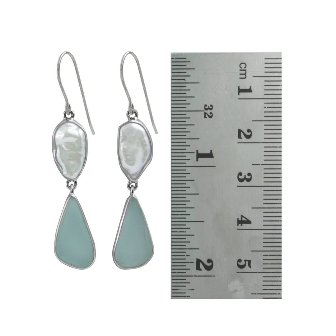Biwa Pearl and Aqua Sea Glass Drop Earrings