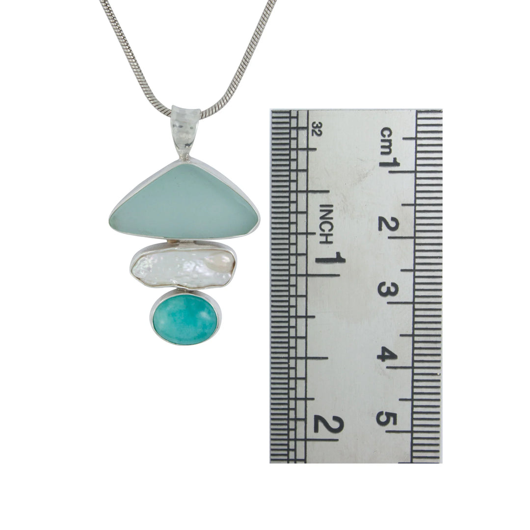 Seaglass, Biwa Pearl, and Amazonite Pendant
