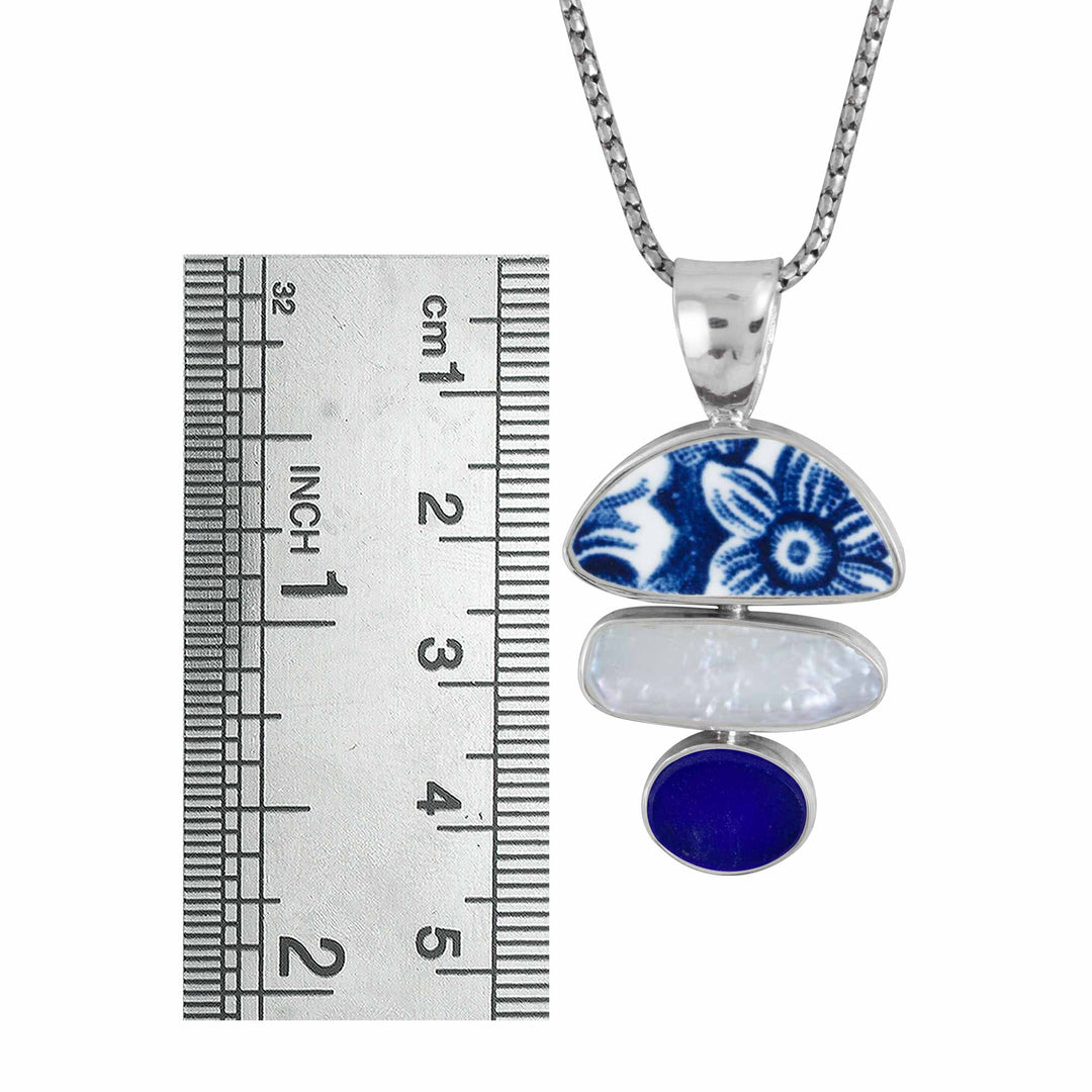 Blue Sea Glass, Pottery, and Biwa Pearl Pendant