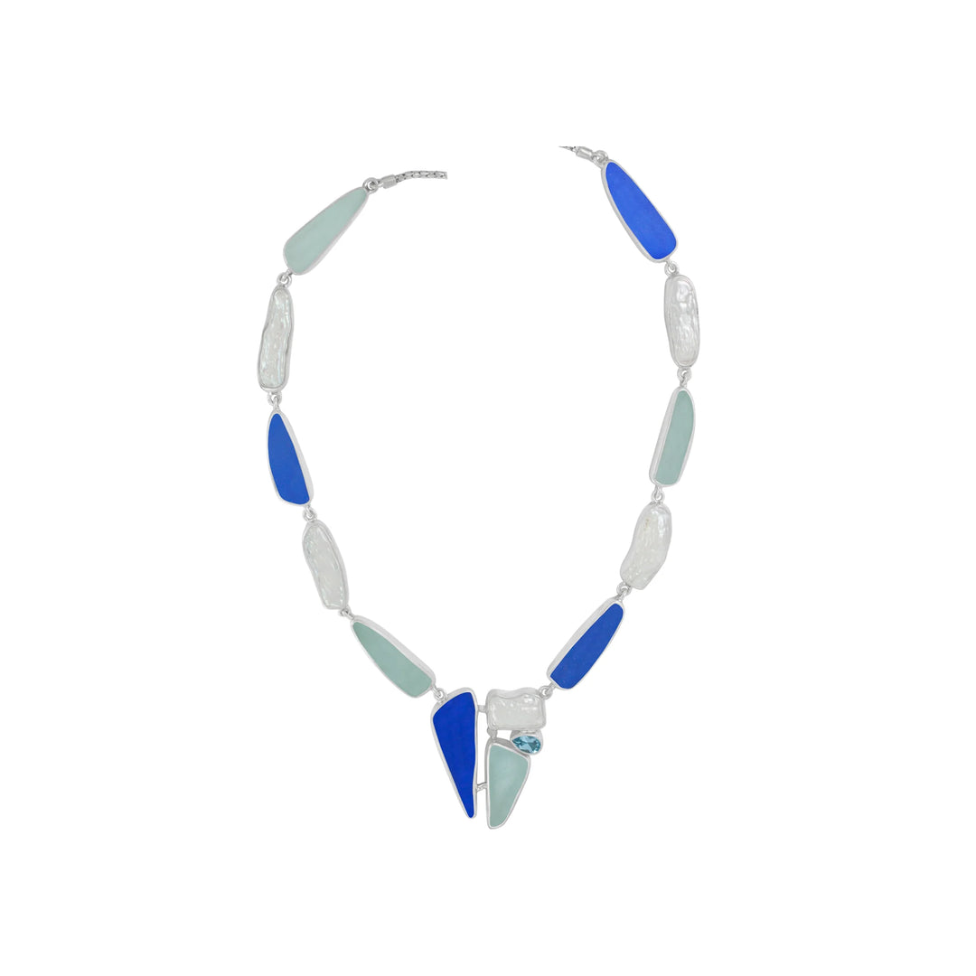 Aqua and Blue Sea Glass & Biwa Pearl Links Necklace