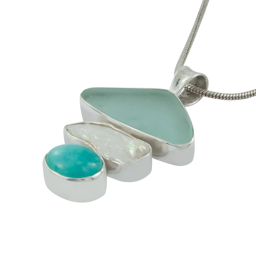 Seaglass, Biwa Pearl, and Amazonite Pendant