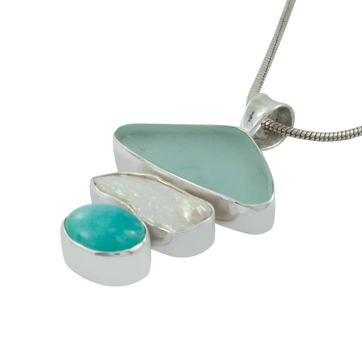 Seaglass, Biwa Pearl, and Amazonite Pendant