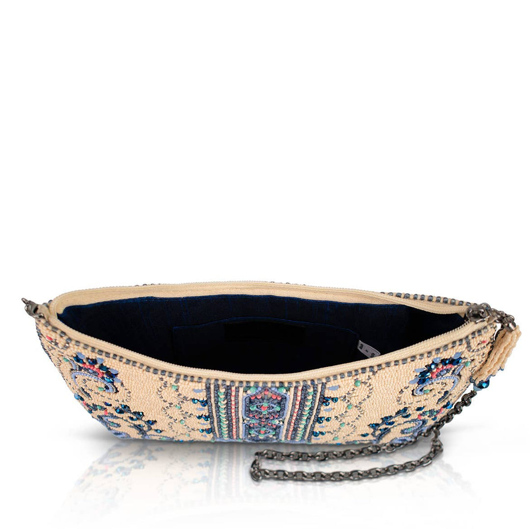 Mediterranean Mood Blue & Cream Floral Beaded Crossbody Bag