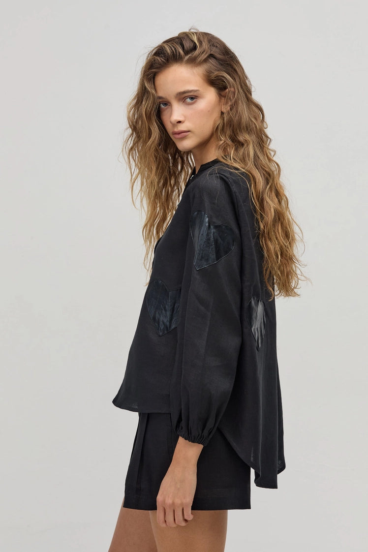 Cupid Linen Shirt- Black with Black Hearts