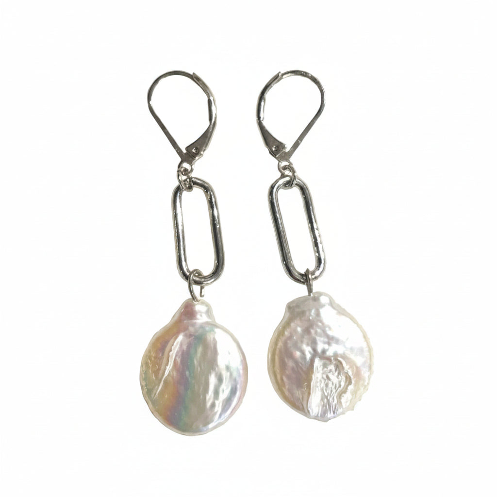 Paperclip and Coin Pearl Drop Dangle Earrings