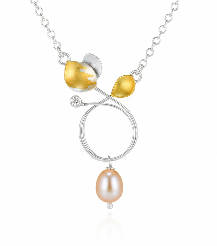 Circle Leaf with Diamond and Pearl Drop Necklace