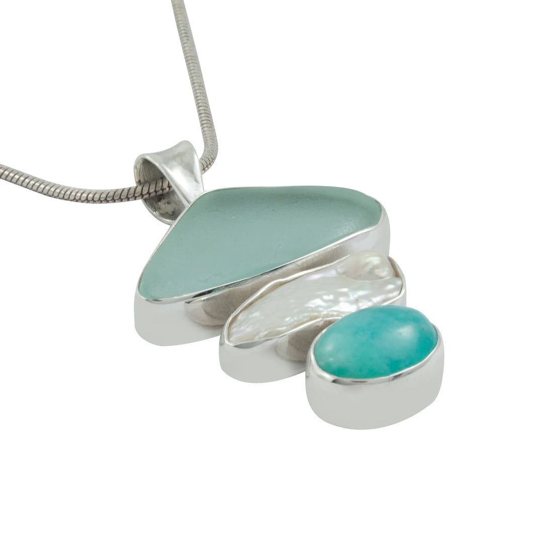 Seaglass, Biwa Pearl, and Amazonite Pendant