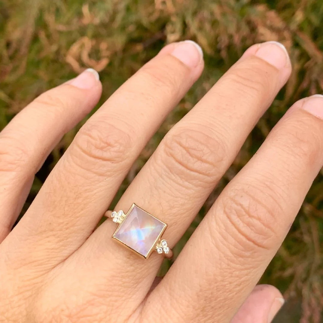 Princess Cut Moonstone and Diamond Ring