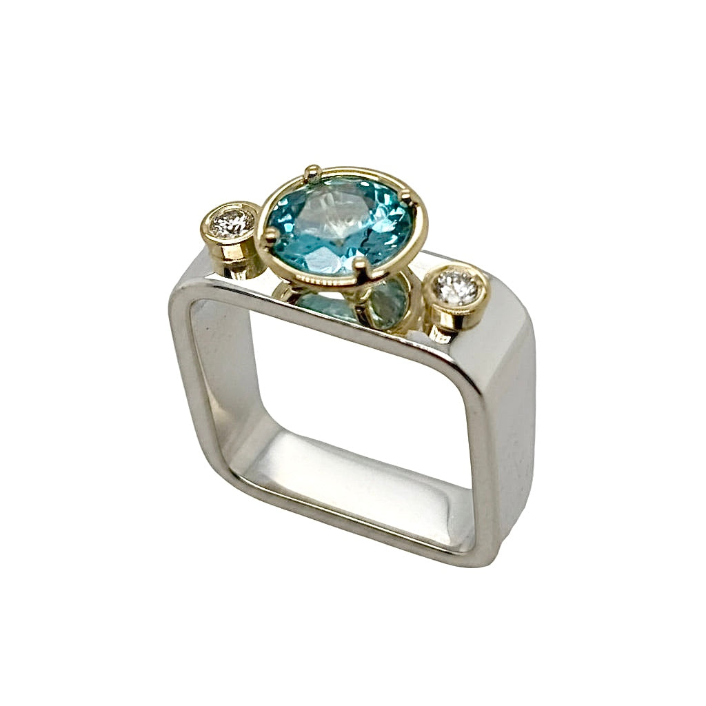 Blue Zircon 2-Tone Captured Gem Square Ring