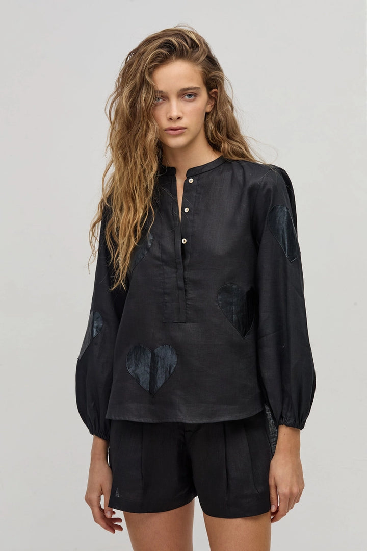 Cupid Linen Shirt- Black with Black Hearts