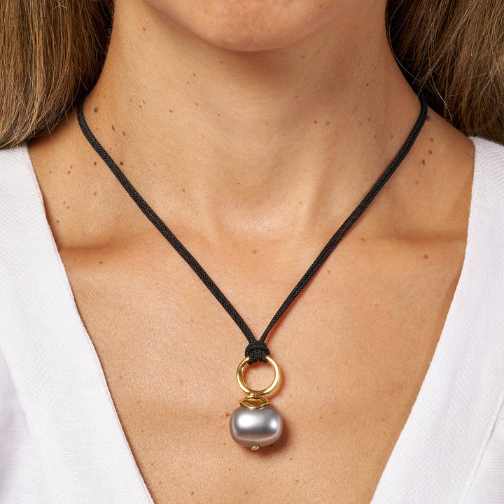 Grey Pebble Pearl Cord Necklace - Gold w/ Black Cord