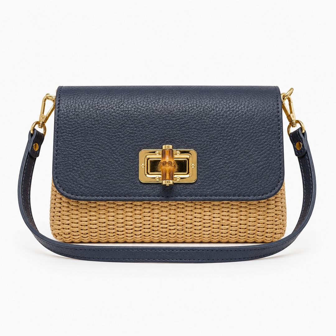 Leather Bamboo Clasp & Raffia Crossbody Bag