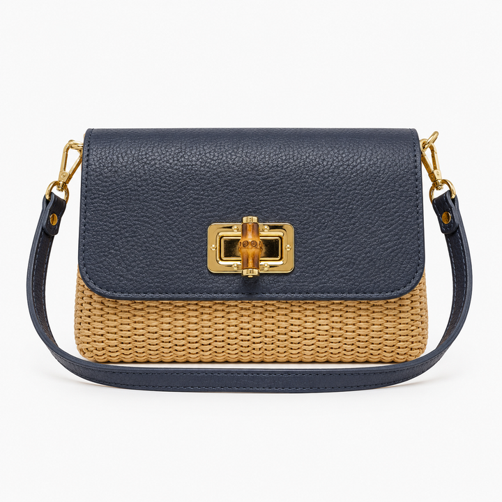 Leather Bamboo Clasp & Raffia Crossbody Bag