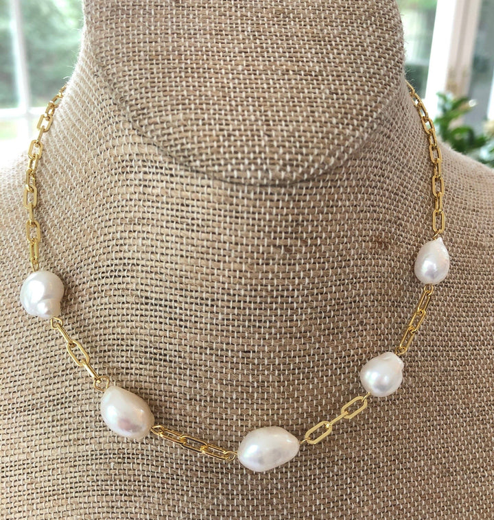 #1062-Potato Pearl and Chain Link Necklace