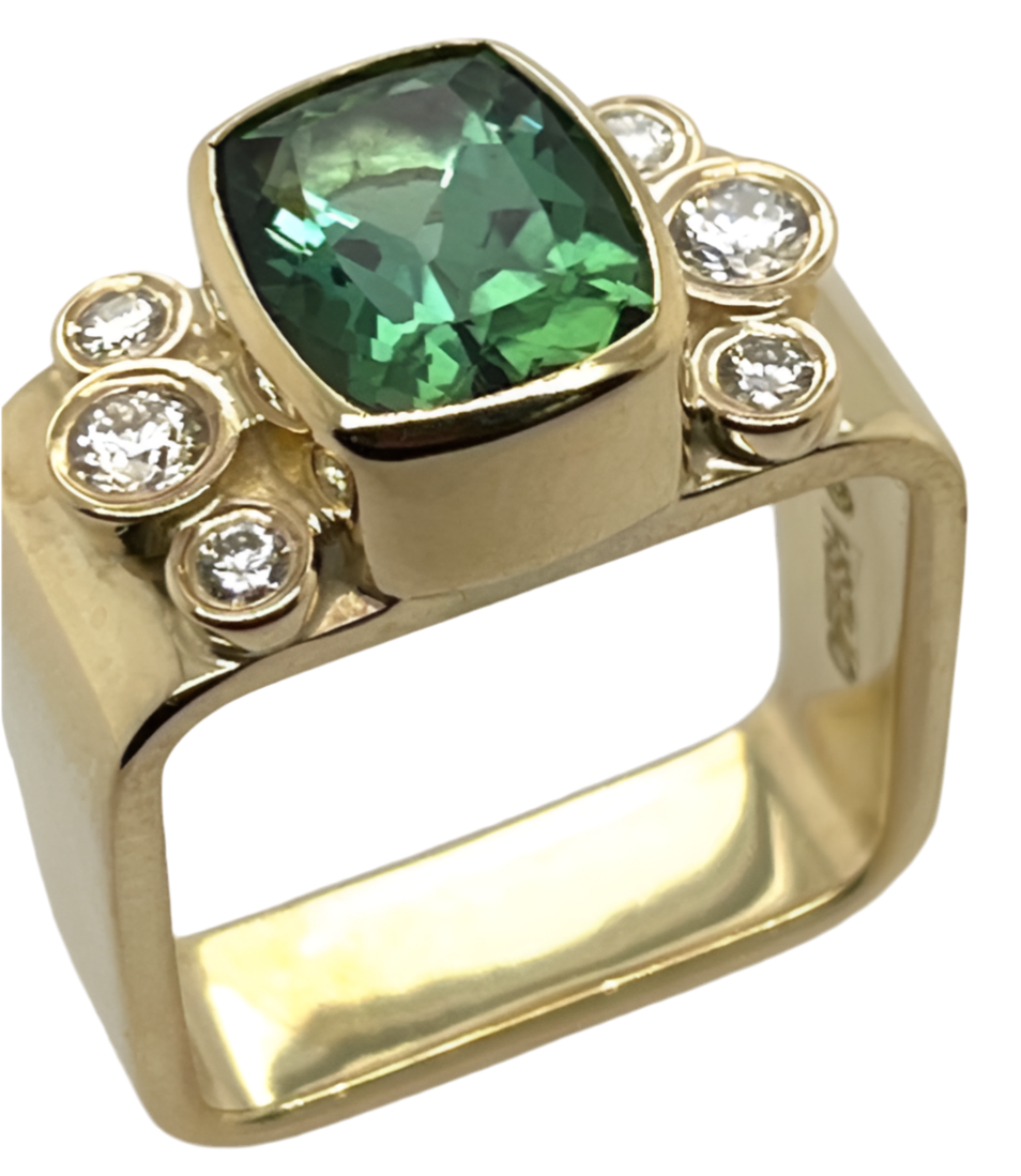 Green Tourmaline and Diamonds Square Ring