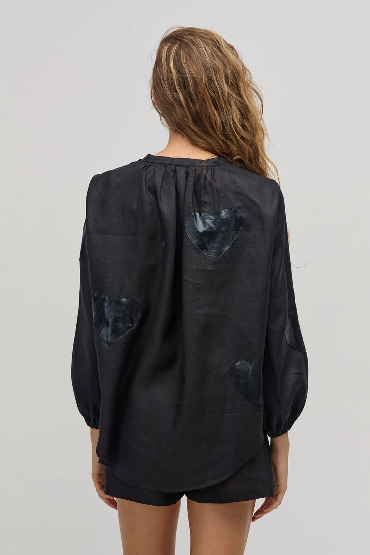 Cupid Linen Shirt- Black with Black Hearts
