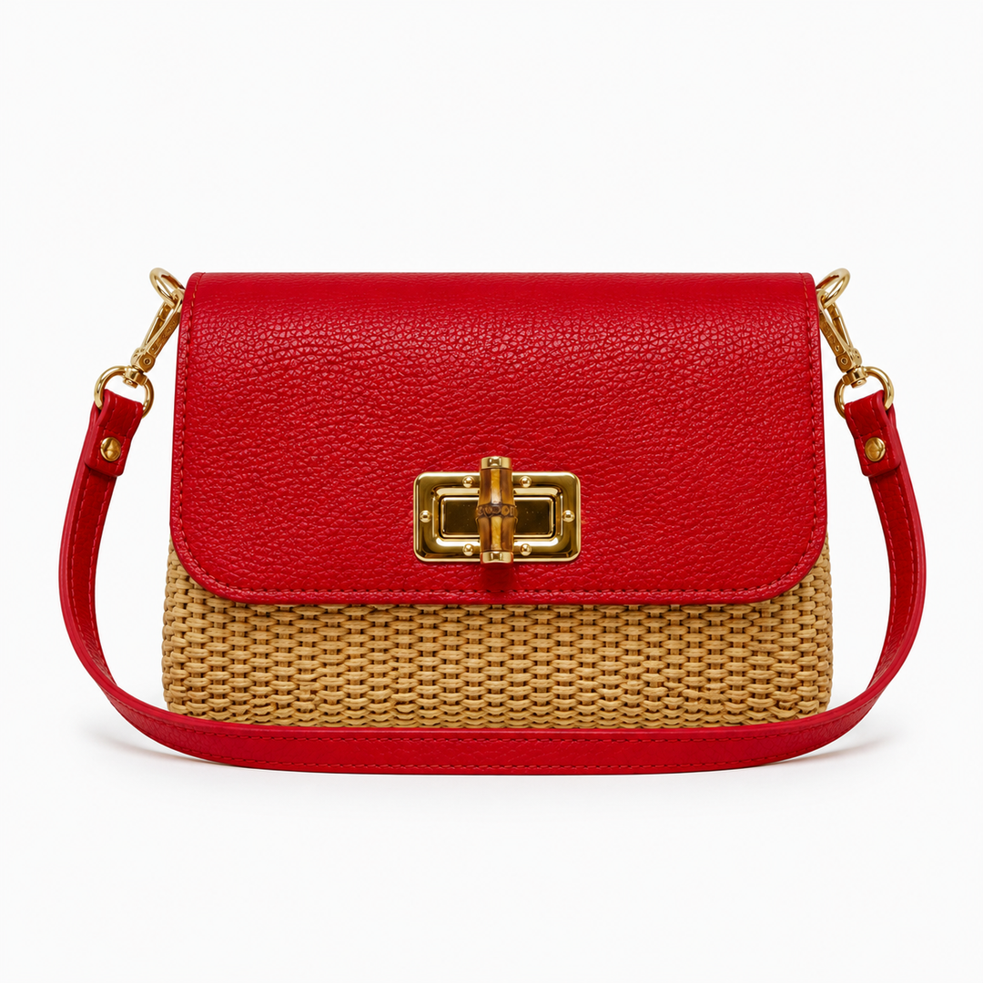 Leather Bamboo Clasp & Raffia Crossbody Bag
