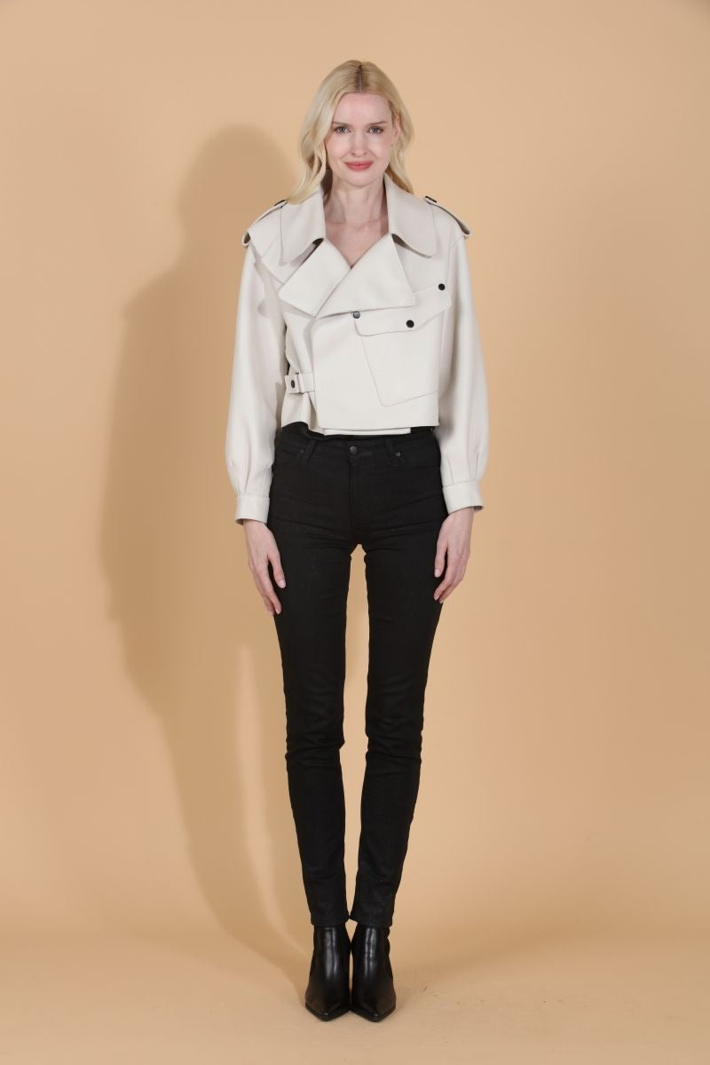 Leather Oversized Moto Jacket - Cream