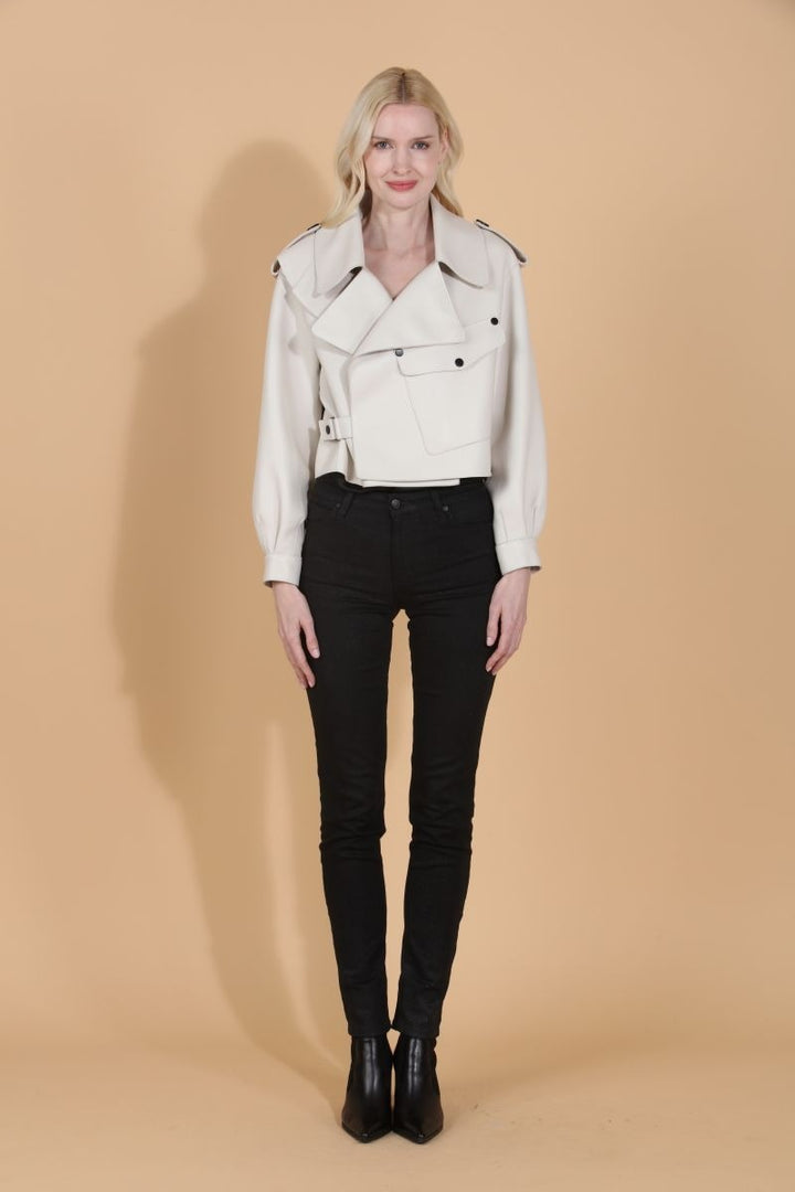 Leather Oversized Moto Jacket - Cream