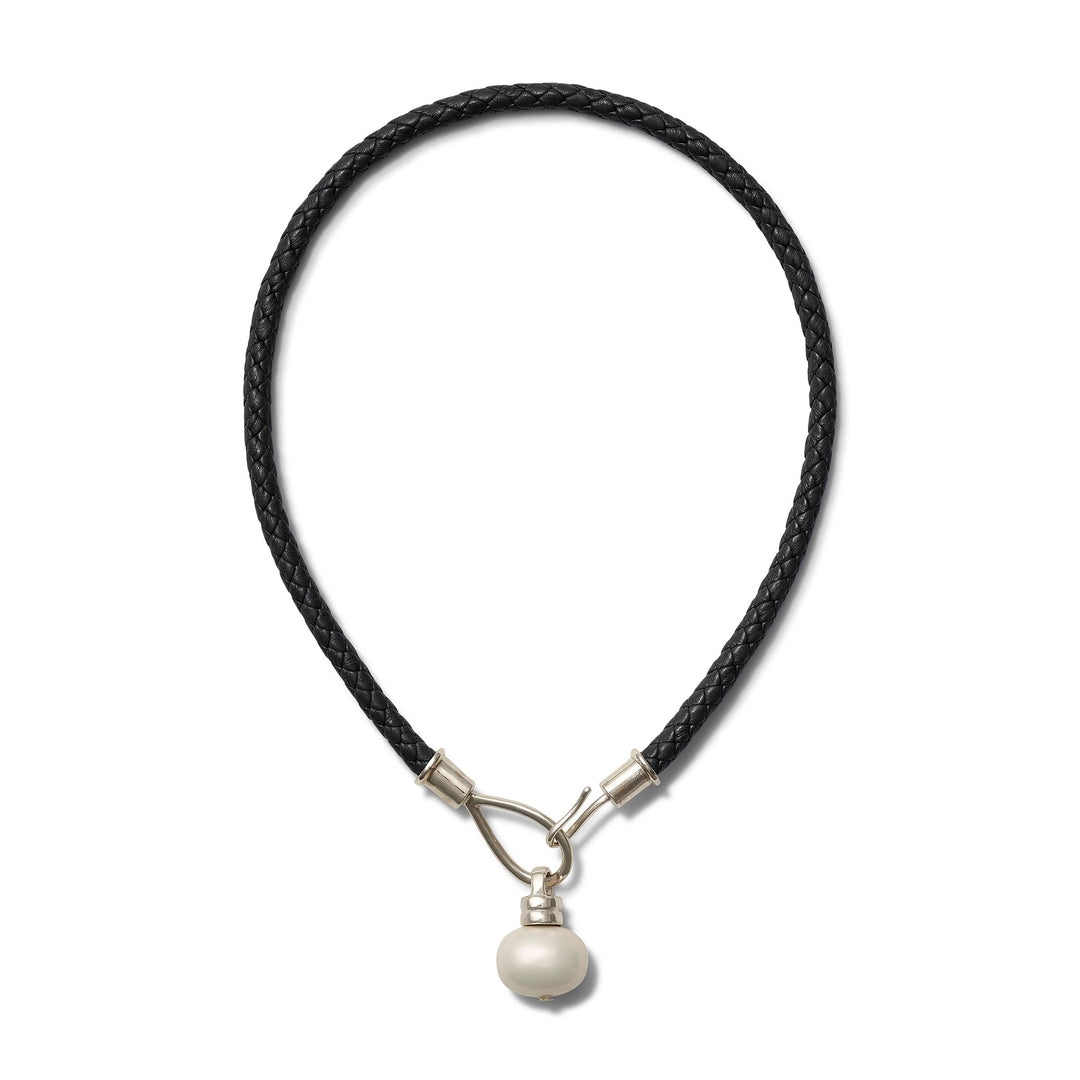 Lasso Pearl Necklace — Coal Leather + Sterling Silver