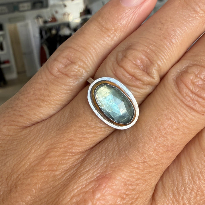 Aqua Kyanite Crescent Rim Ring - 10x14mm