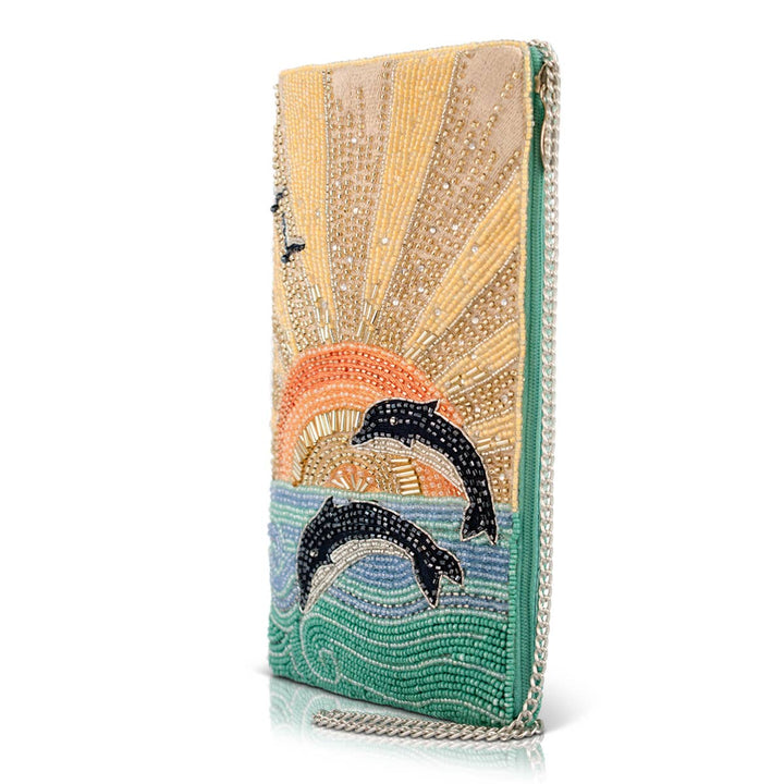 Flip For Joy Sunset and Dolphins Beaded Crossbody Phone Bag