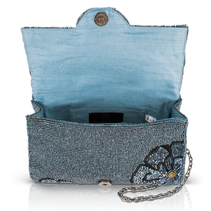Azure blue beaded flowers crossbody bag