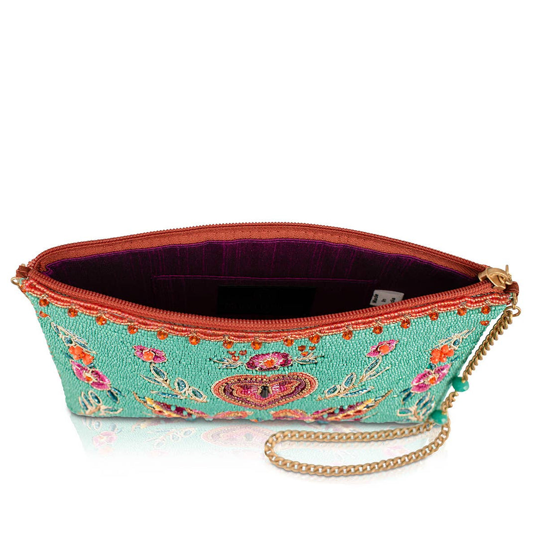 Two In Love Lovebirds and Heart on Turquoise Beaded Handbag