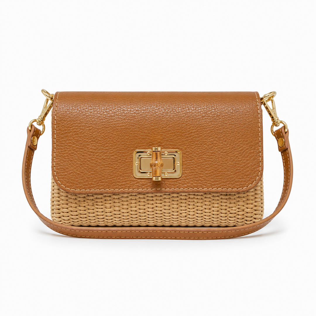 Leather Bamboo Clasp & Raffia Crossbody Bag