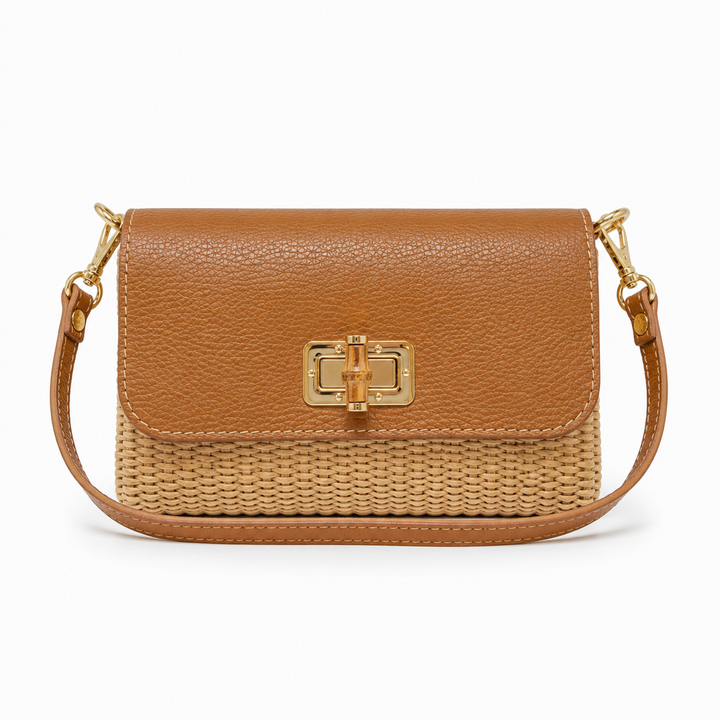 Leather Bamboo Clasp & Raffia Crossbody Bag