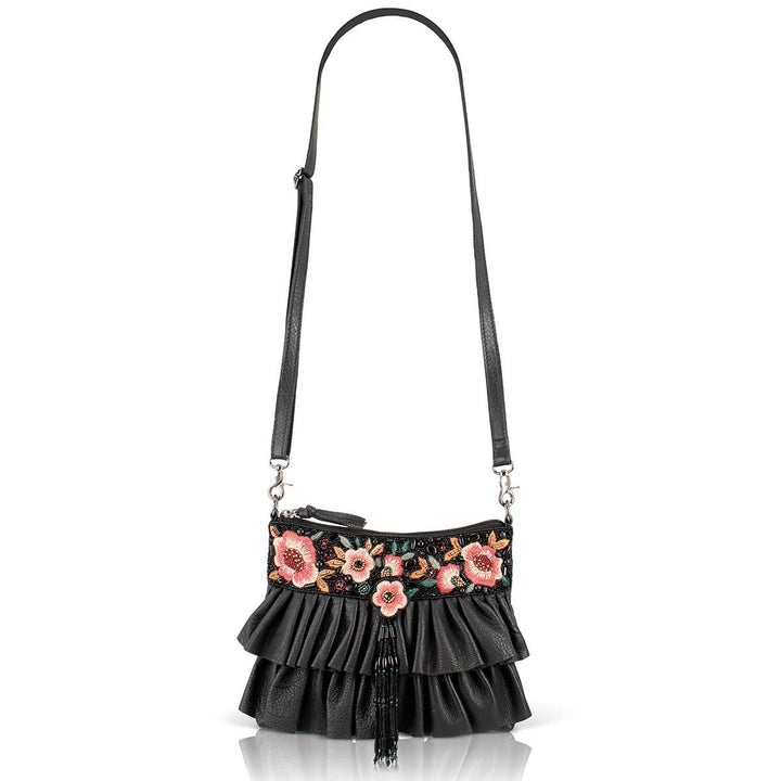 Floral Flair Black Embroidered Ruffle Handbag