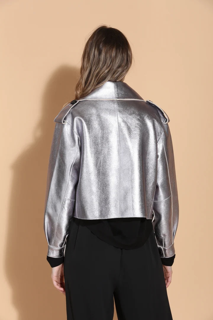 Leather Oversized Moto Jacket - Silver
