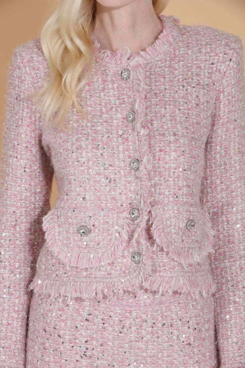 Cashmere Blended Tweed Knit Jacket - Pink