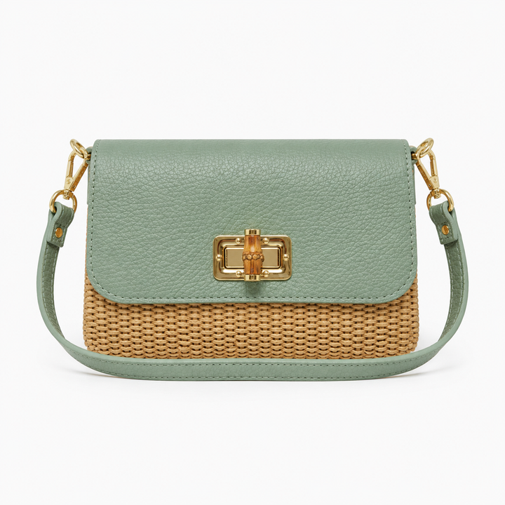 Leather Bamboo Clasp & Raffia Crossbody Bag