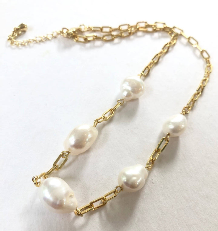#1062-Potato Pearl and Chain Link Necklace